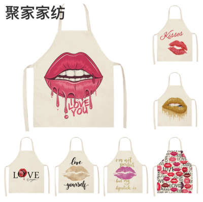 New Red Lip Circumference Creative Couple Apron Cotton and Linen Apron Oil-Proof Household Sleeveless Coverall Graphic Customization