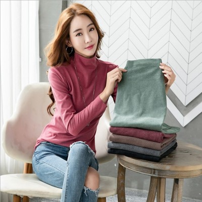 Fleece-Lined Thickened T-shirt Fall and Winter Inner Wear Half Turtleneck Korean Style Dralon Top Women's Solid Color