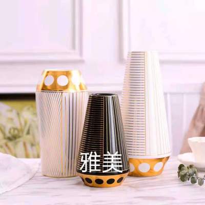 Simple and Modern Furnishings Decorative White Black Gold Ceramic Flower Bottle Flower Flower Container Three-Piece Crafts Decoration Soft Decoration