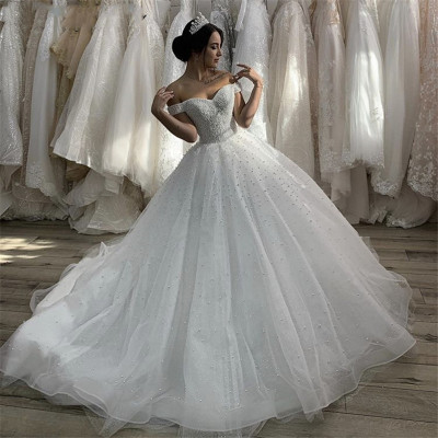2021 Mid-Waist V-neck Champagne Fishtail White Lace off-Shoulder Small Trailing Tassel Wedding Dress Manufacturers Supply