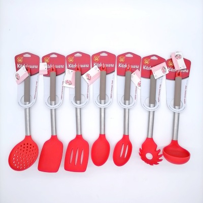 Silicone Kitchen Set Stainless Steel Handle Silicone Kitchenware Set 7-Piece Non-Stick Pan Ladel Tool Set