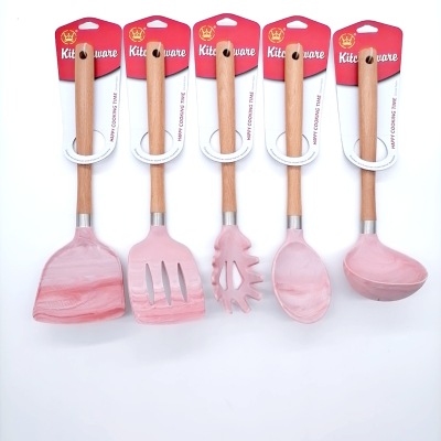 Silicone Kitchen Set Wooden Handle Silicone Kitchenware Set 5-Piece Non-Stick Pan Ladel Tool Set