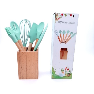 Wooden Handle Silicone 7-Piece Kitchen Ware Set Amazon Cross-Border E-Commerce Hot Sale 7-Piece Kitchen Ware Set Pack Shovel Scraper Brush