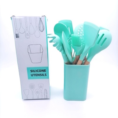 13-Piece Silicone Kitchenware Kitchen Set with Storage Bucket Wooden Handle Kitchenware Cooking Ladel Kitchen Utensils