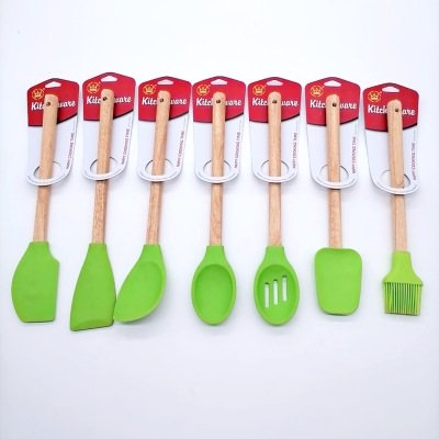 Silicone Kitchen Set Wooden Handle Silicone Kitchenware Set 7-Piece Non-Stick Pan Ladel Tool Set