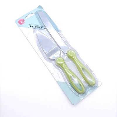Clamshell Packaging Stainless Steel 2-Piece Set Plastic Handle Bread Knife Pizza Cutter Baking Tool Cake Knife Scraper