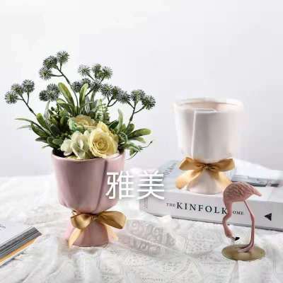 Nordic Creative Fresh Bouquet Shape Ceramic Vase Home Living Room Artificial Flower Decoration Desktop Fake Flower Floriculture