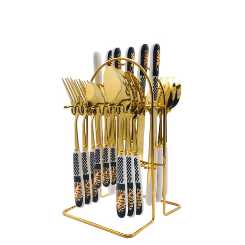 stainless steel porcelain handle nordic western food tableware set household western style boxed knife， fork and spoon gift with shelf