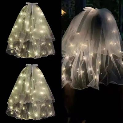 Hot Selling Children's European and American Bride Headwear Internet Celebrity Veil with Light Luminous Double Layer Super Fairy Bow Silk White