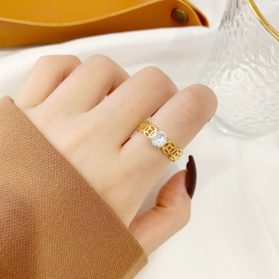 Temperament Alluvial Gold Copper Coin Ring Female No Color Fading Imitation 1 Karat Zircon Ring Adjustable Index Finger Ring Shank