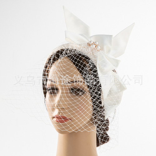 Cross-Border Bridal Bowler Female Ribbon Mesh Rhinestone Pearl Mesh Small Bowler Hat Studio Shooting Props Mesh Headwear 