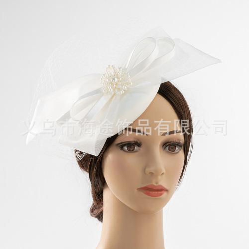 cross-border new white ribbon pearl lace hemp hat bottom mesh elegant headdress banquet party bridal hair accessories