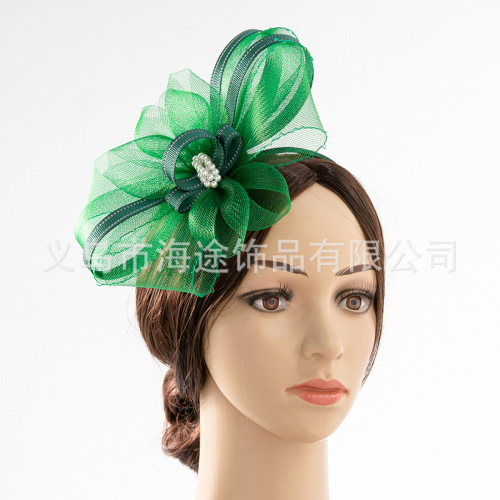 european and american popular green mesh ribbon pearl bowler hat female dance dinner temperament elegant hair accessories small bowler hat female