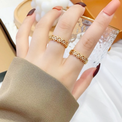 Sand Gold Colorfast Hollow Copper Coin Ring Female Rhinestone Zircon Lucky Open Ring All Match Index Finger Ring
