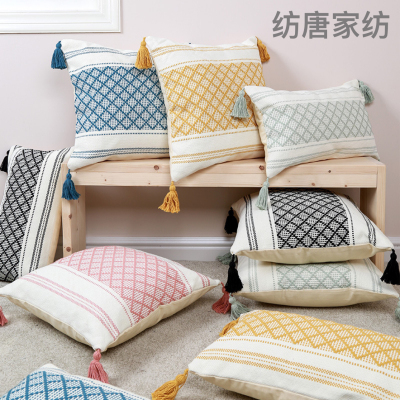 Exclusive for Cross-Border Nordic Homestay Ins Style Tassel Yarn-Dyed Pillow Tassel Sofa Backrest Headboard Throw Pillowcase Customization