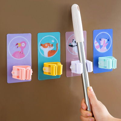 Mop Rack Broom Holder Mop Hook Strong Traceless Punch-Free Mop Clip Bathroom Wall Mount Cartoon Sticky Hook