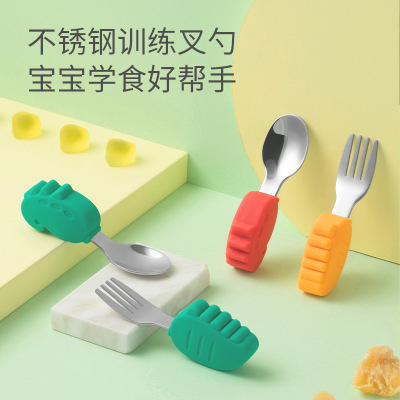 Children's Silicone Short Handle Spoon Baby Training Eating Spork Set Infant Learning Tableware