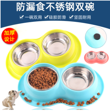 New Pet Stainless Steel Double Bowl Pet Dog Bowl Tableware Cat Anti-Ant Worm Cat Bowl Large Food Basin Factory Wholesale