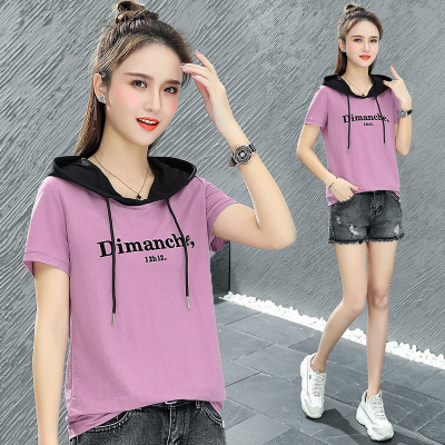  Short Sleeve Hooded Printed Sweater Women's Thin Korean Style Versatile Sports T-shirt Loose Color Matching Top Fashion
