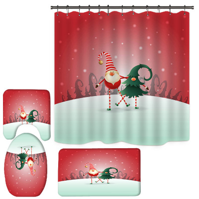 Factory Direct Supply Amazon Digital Printing Christmas Elf Cartoon Bathroom Shower Curtain Toilet U-Shaped Floor Mat Kit