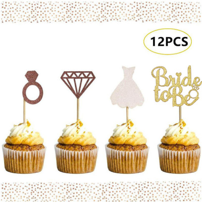 Rose Gold Wedding Suit Paper Cup Cake Inserting Card Gauze Skirt Diamond Ring Bride to Be Cake Decoration 12 PCs