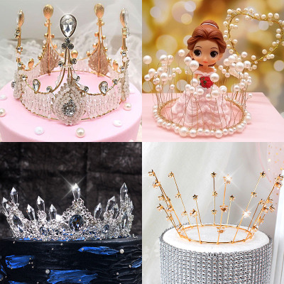 Tiktok Baroque Cake Decoration Lace Crystal Pearl Crown Decoration Baking Baby Bridal Queen Headdress