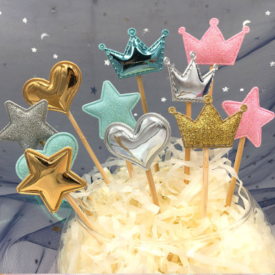 Baking Cake Topper Glitter/PU Leather Glossy Love Star Crown Decorative Card Dessert Table Dress up 5 Pieces