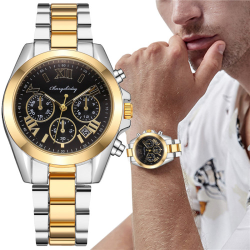 fashion men‘s steel strap watch waterproof calendar men‘s watch korean style three-eye roman literal watch in stock wholesale