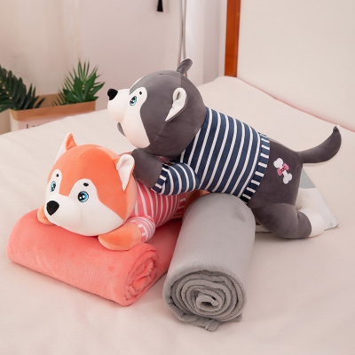 Cartoon Airable Cover Plush Toy Pillow 2-in-1 Husky Doll Travel Nap Blanket Custom Logo