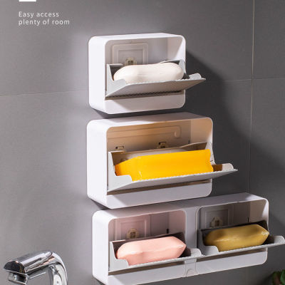 Flip Creative Drain Double Grid Soap Holder Bathroom Hidden Stickers Wall-Mounted Soap Dish Punch-Free Soap Box