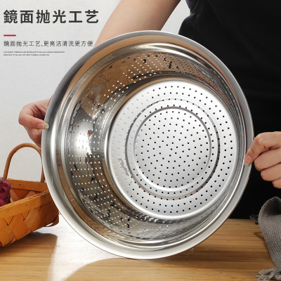 Stainless Steel Drain Bowl Non-Magnetic Punching Basin 1.5 Thick with Handle Fruit Basket Rice Rinsing Sieve Dense Hole Basket 18-40cm Wholesale