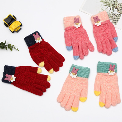 Cartoon Autumn and Winter Boys and Girls Gloves Reverse Needle Rabbit Finger Gloves Children Warm Gloves Fashion Colorblock Gloves