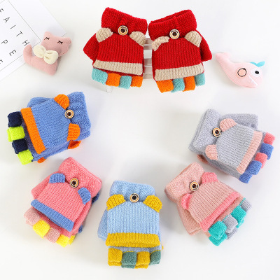 2020 Winter Children's Warm Gloves Children Cute Cartoon Korean Kindergarten Knitted Flip Half Finger Gloves