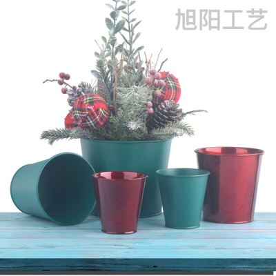 Large Production of Christmas American Galvanized Iron Sheet Bason Paint Iron Bucket Simulation Plant Flower Pot Customization Different Ruler