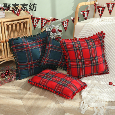 Foreign Trade Factory Direct Sales Amazon Hot Sale Plaid Big Fur Ball Square Pillow Home Bedroom Sofa Living Room Lumbar Support Pillow