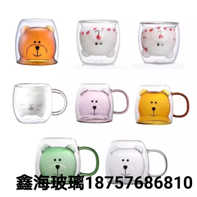 Cartoon Double Layer Glass Cup Colorful Bear Water Cup High Borosilicate Glasses Heat-Resistant Cold-Resistant Glass