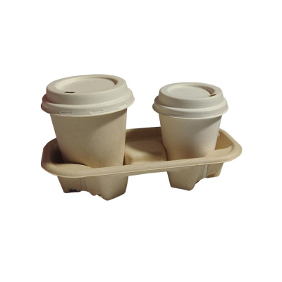 Disposable Environmentally Friendly Degradable 2-Grid 4-Grid Sugar Cane Paper Pulp Saucer Take out Take Away Outdoor Coffee Milk Tea Cup Holder