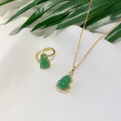 Simple Alluvial Gold Imitation Gold Diamond Clavicle Necklace Ring Hetian Jade Color Small Calabash Pendant Ring Necklace Female