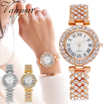 Hot Sale at AliExpress Alloy Diamond Women's Fashion Watch Simple Roman Digital Three-Pin Quartz Watch in Stock