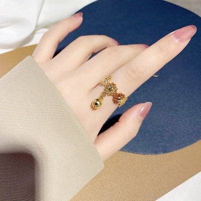 Dignified Hollow Flower Pattern Alluvial Gold Open Ring Female No Color Fading Bell Pendant Index Finger Ring Ring