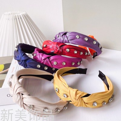 Fashion Trend Golden Cotton Fabric Diamond-Embedded Glass Drill Headband Women's Wide-Brimmed Knotted European and American Headband Hair Accessories Spot Goods
