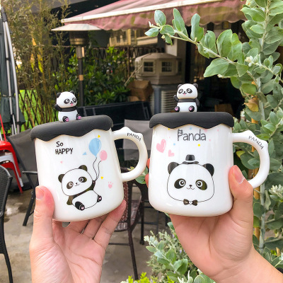 Cute Creative Giant Panda Ceramic Cup Female Cute Office Coffee Mug with Lid Cartoon Couple Cup