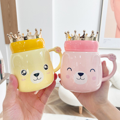 Pink Girl Cute Bear Crown Ceramic Cup Cute Creative Children's Cups Big Belly Mug Student Cup