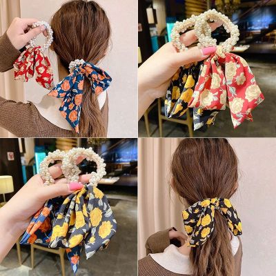 INS Floral Pearl Ribbon Online Influencer Hair Ring Bow Headdress Hair Band Female Korean Head Rope Simple Hair Ring