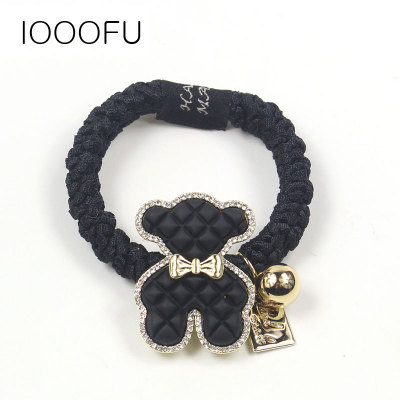 Leather Pattern Rhinestone Fashion Bear Hair Band Tie Hair Thick Hair Band Korean Metal Light Diamond Cute Bear Pendant All-Match Hair Ties