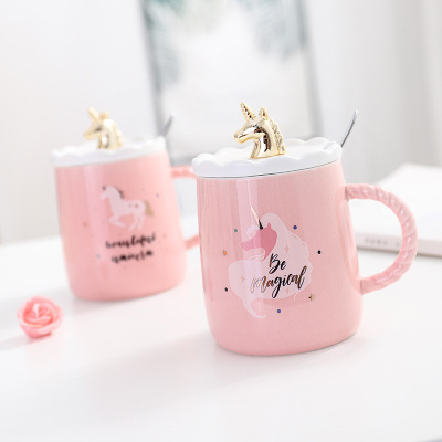 Korean Style Gold Unicorn Internet Celebrity Ceramic Cup Pink Girl Heart Cute Water Cup with Cover Spoon Student Mark Cup