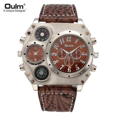 Oulm Quartz Watch Double Time Zone Men's Watch Cross-Border Hot Sale Quartz Watch Belt Personality Large Dial Male Army Style Watch