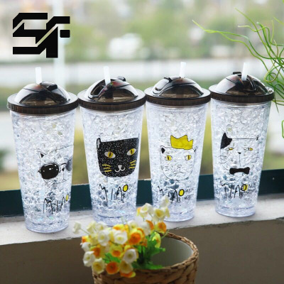 Water Cup Food Grade as Slide Cover with Straw Black Cat Ice Cup Double Layer Cold Preservation Student Portable Summer Cup Custom Wholesale
