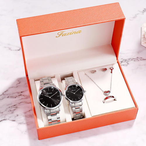 Fazina Couple Steel Belt Five-Piece Simple Fashion Quartz Watch Steel Belt Love Jewelry Women‘s Watch