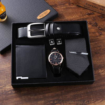5pcs/Set Boutique Gift Set Belt + Wallet + Tie + Large Dial Quartz Watch + Cufflinks in Stock